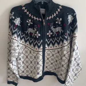 Vintage Northern Isle Zip Front Sweater Fair Isle Deer Snowflakes Sweater